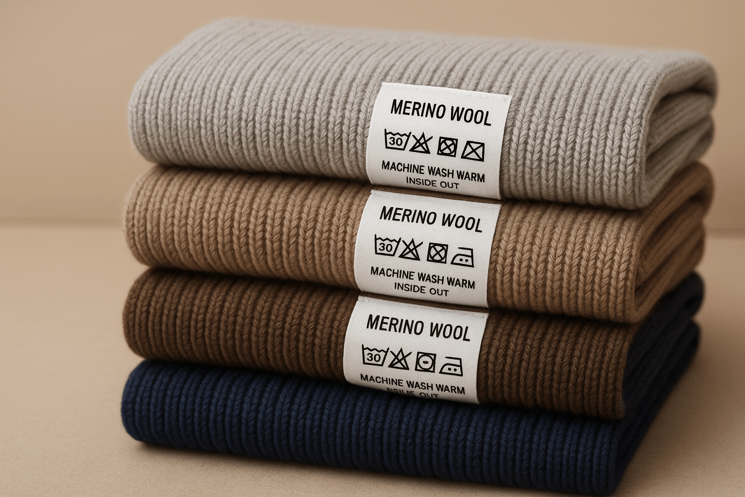 A person showing the care label on a wool sweater before washing
